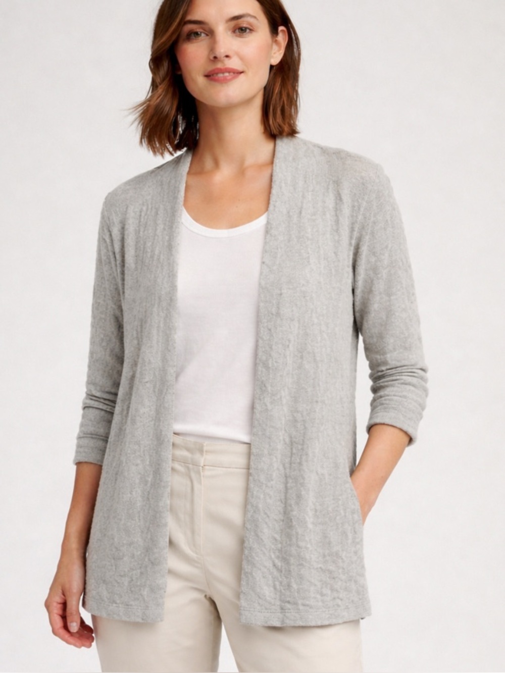 Eileen Fisher Lightweight Crinkle Open Cardigan in Soft Grey